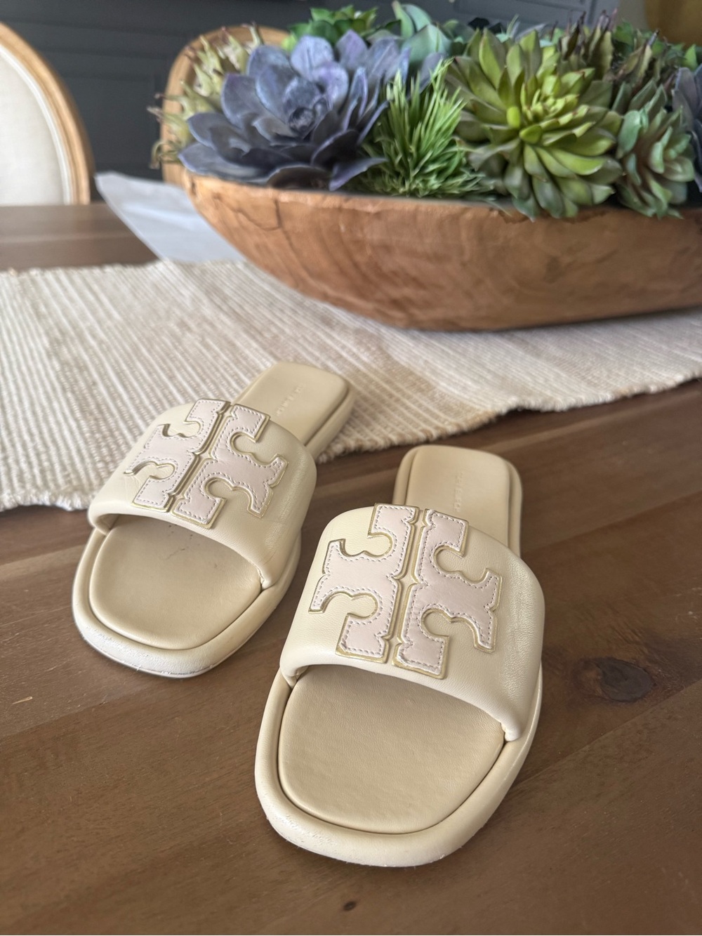 Tory Burch Cream Leather Slide Sandals